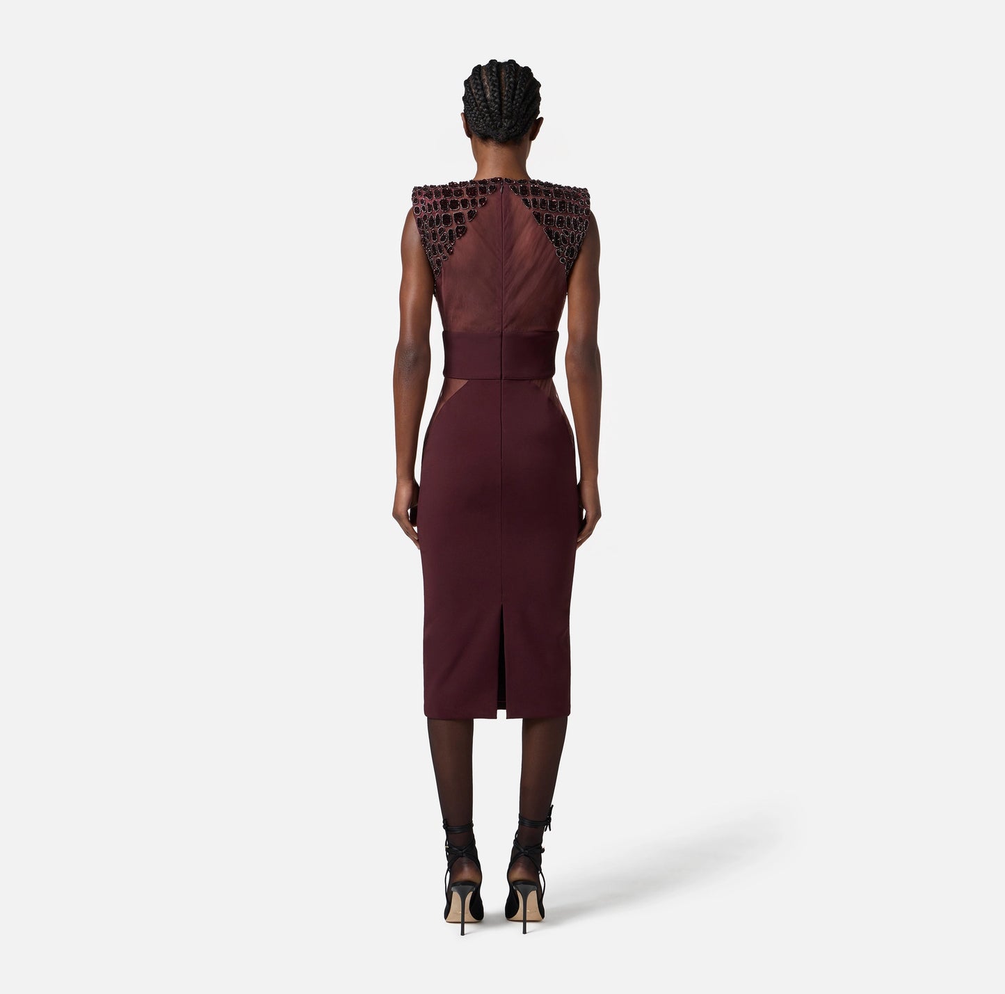 ELISABETTA FRANCHI - Abito in crêpe leggero e tulle con ricami cocco