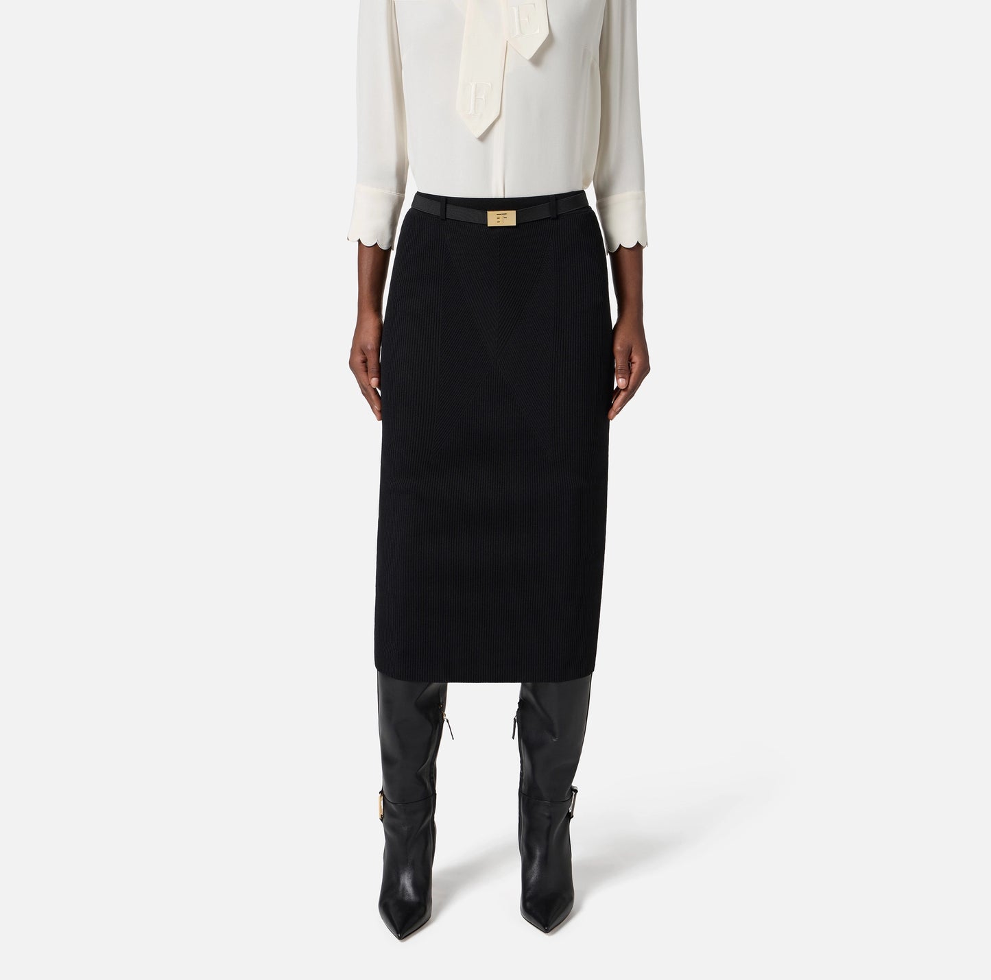 ELISABETTA FRANCHI - Gonna in maglia a costine con cintura