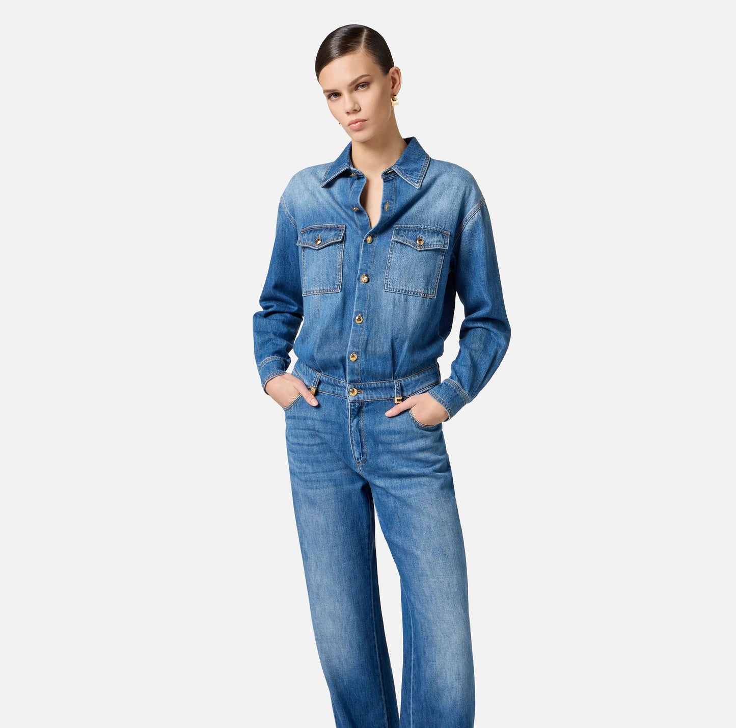 ELISABETTA FRANCHI - Tuta in denim con dettagli logo