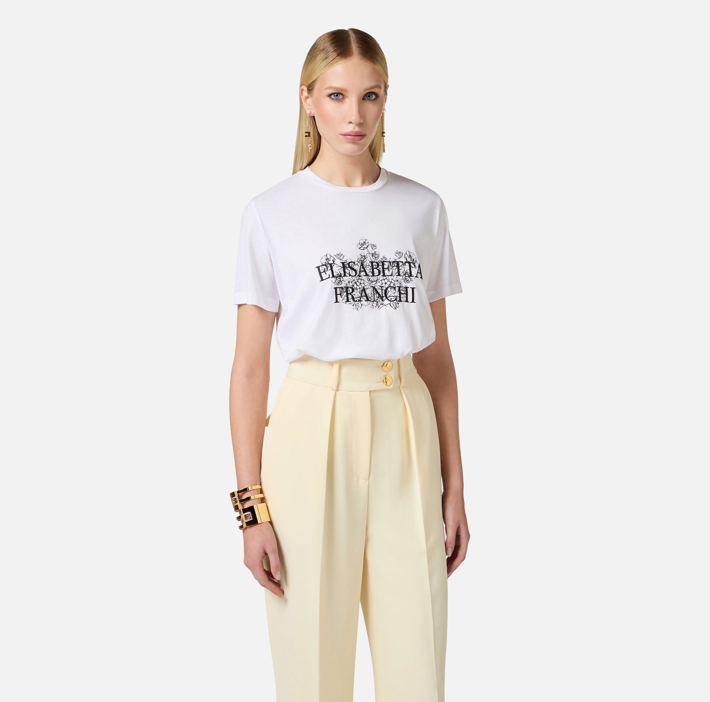 ELISABETTA FRANCHI - T-shirt in jersey con stampa e ricamo