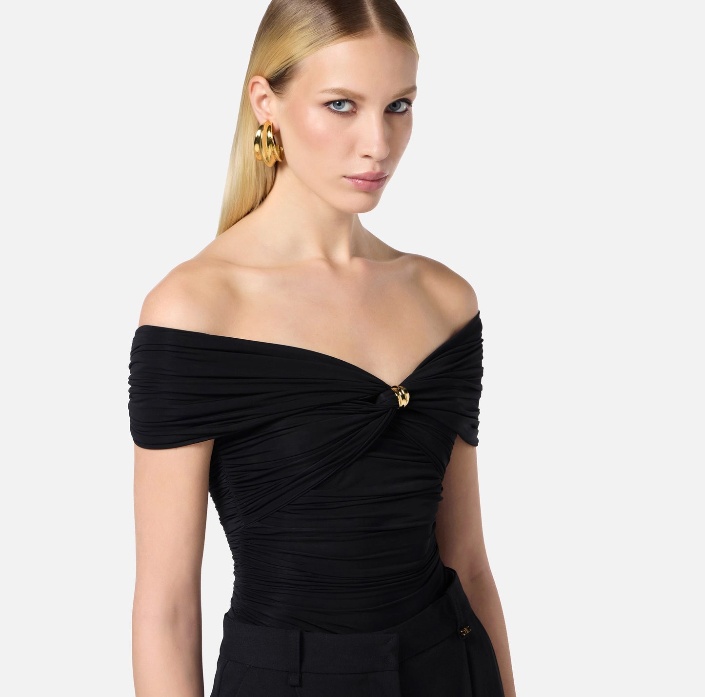 ELISABETTA FRANCHI - Top in organza stretch con dettaglio gioiello