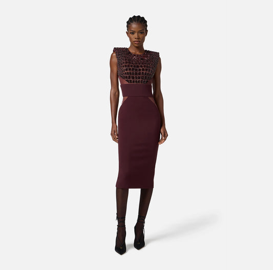 ELISABETTA FRANCHI - Abito in crêpe leggero e tulle con ricami cocco