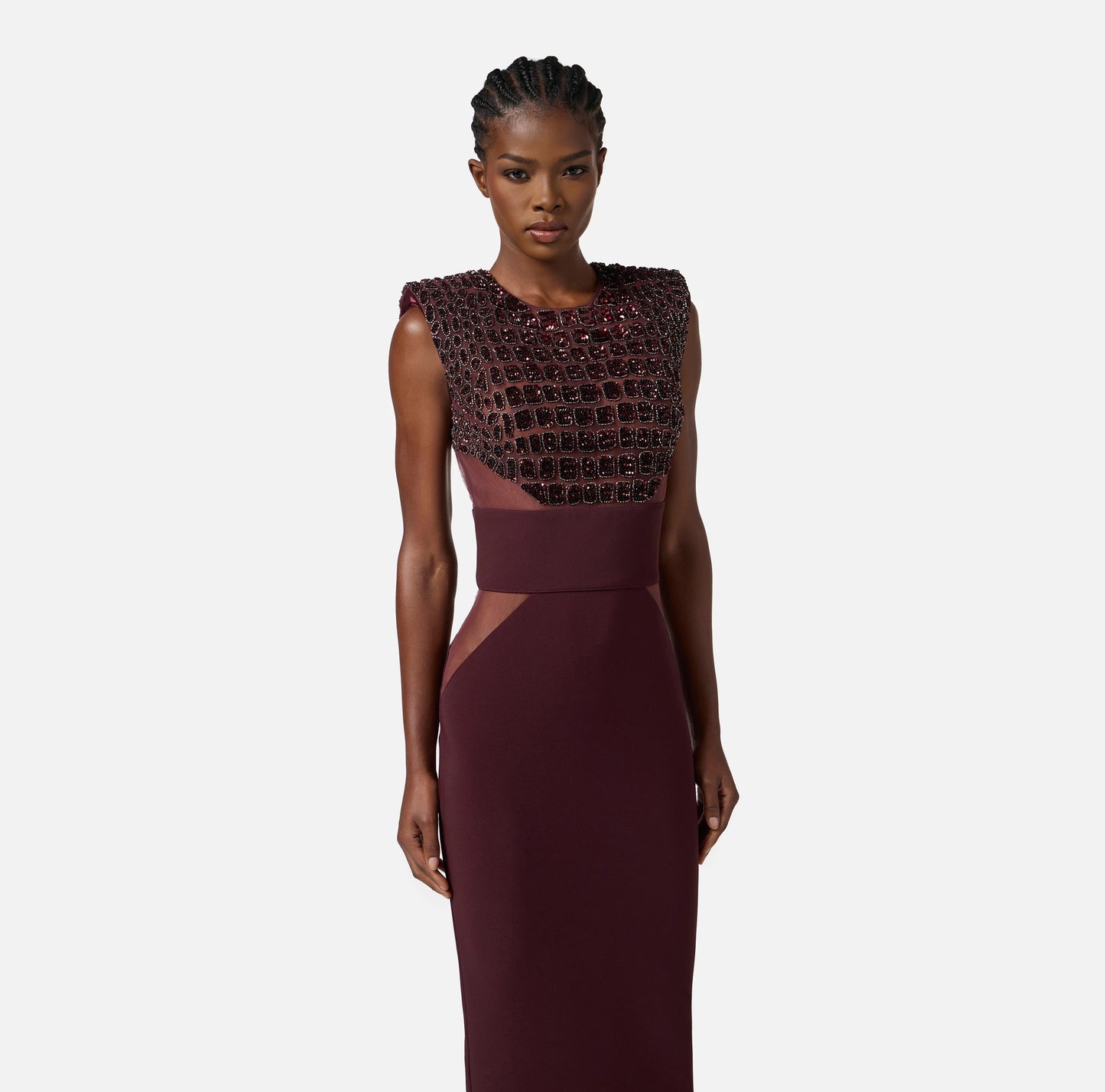 ELISABETTA FRANCHI - Abito in crêpe leggero e tulle con ricami cocco