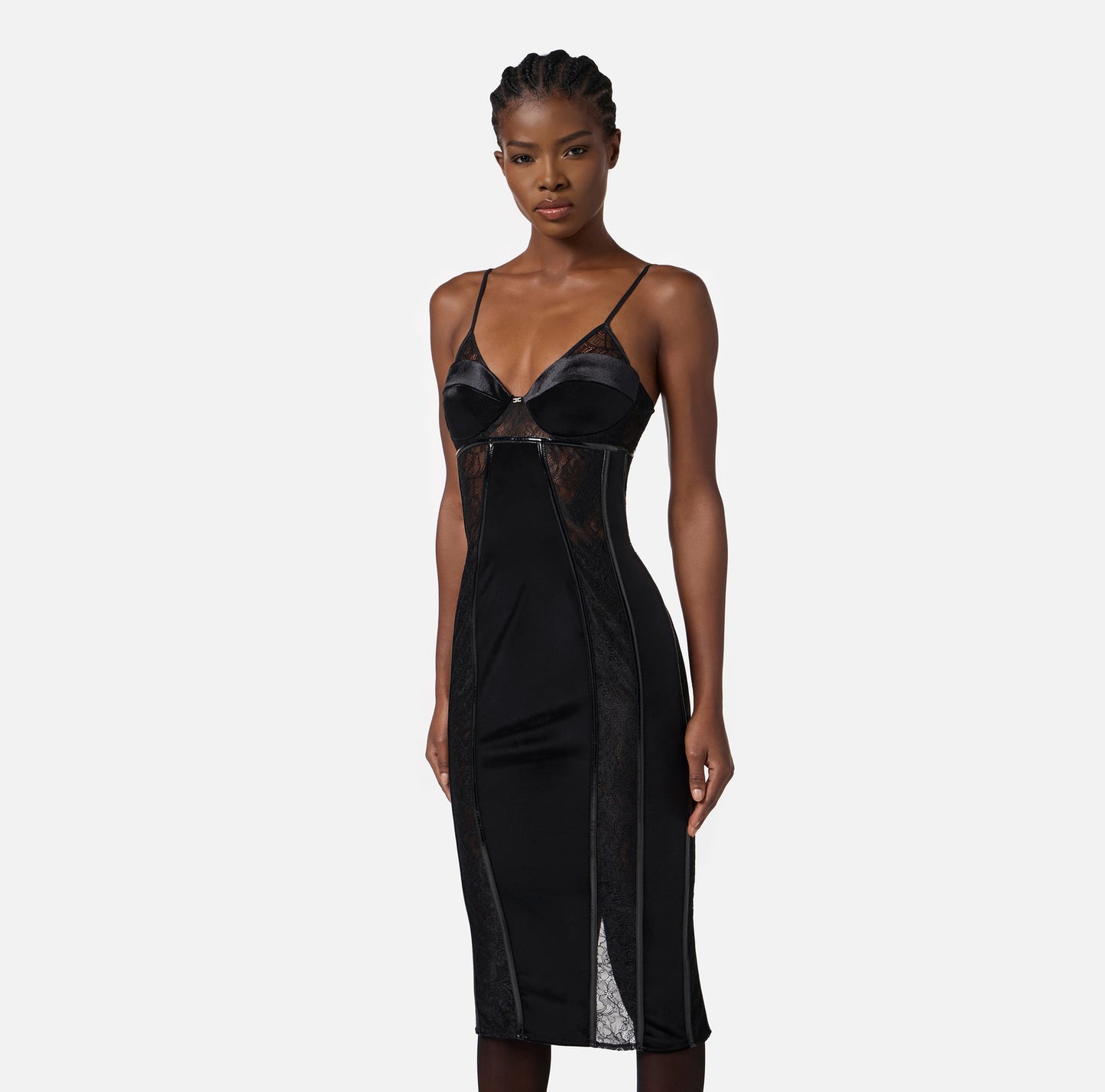 ELISABETTA FRANCHI - Abito in velluto e pizzo floreale