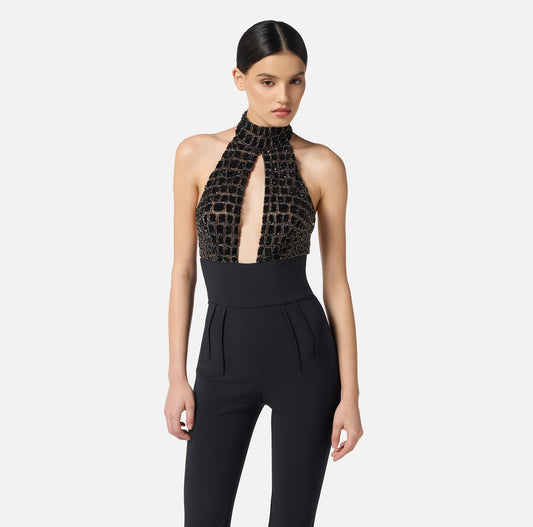 ELISABETTA FRANCHI - Tuta in tulle e crêpe con ricami cocco