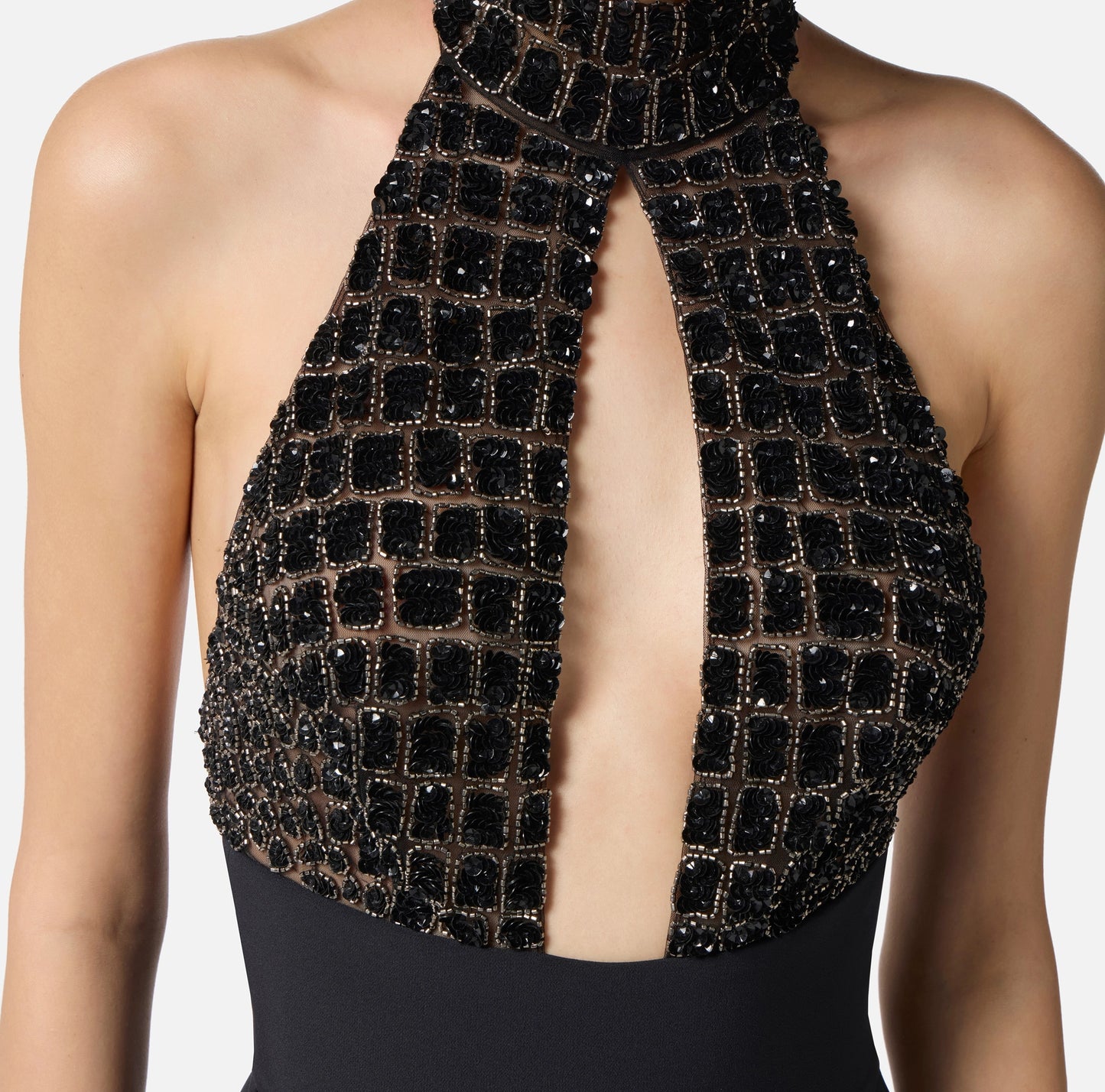 ELISABETTA FRANCHI - Tuta in tulle e crêpe con ricami cocco