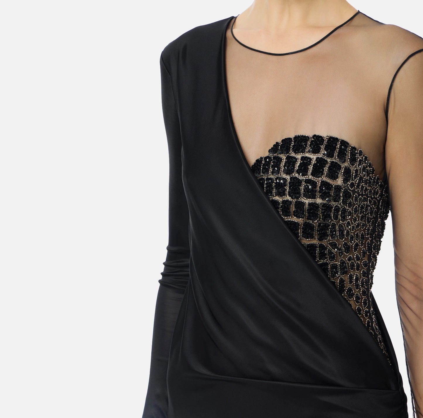 ELISABETTA FRANCHI - Abito Red Carpet in tulle e jersey con ricami cocco