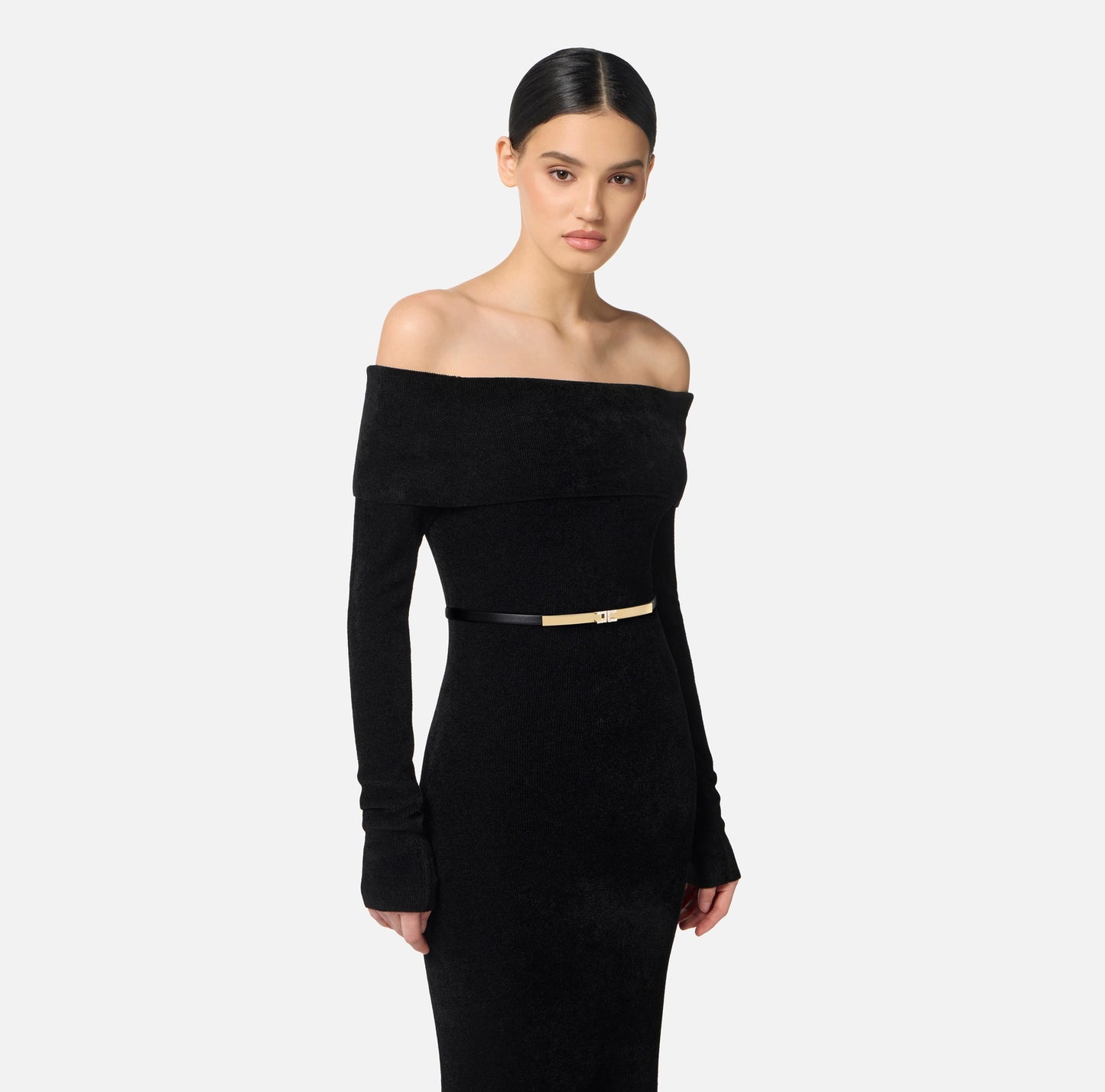 ELISABETTA FRANCHI - Abito Red Carpet in ciniglia con cintura