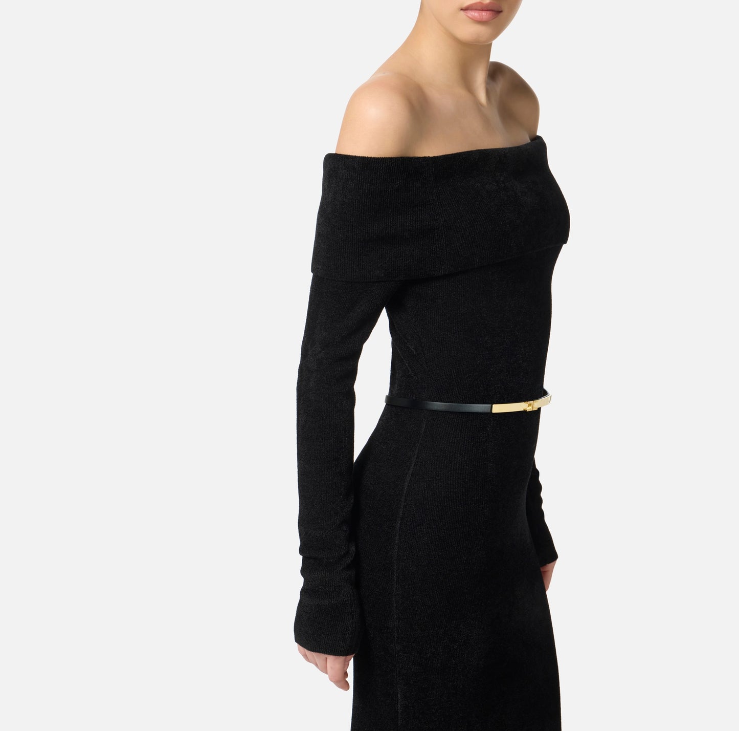 ELISABETTA FRANCHI - Abito Red Carpet in ciniglia con cintura