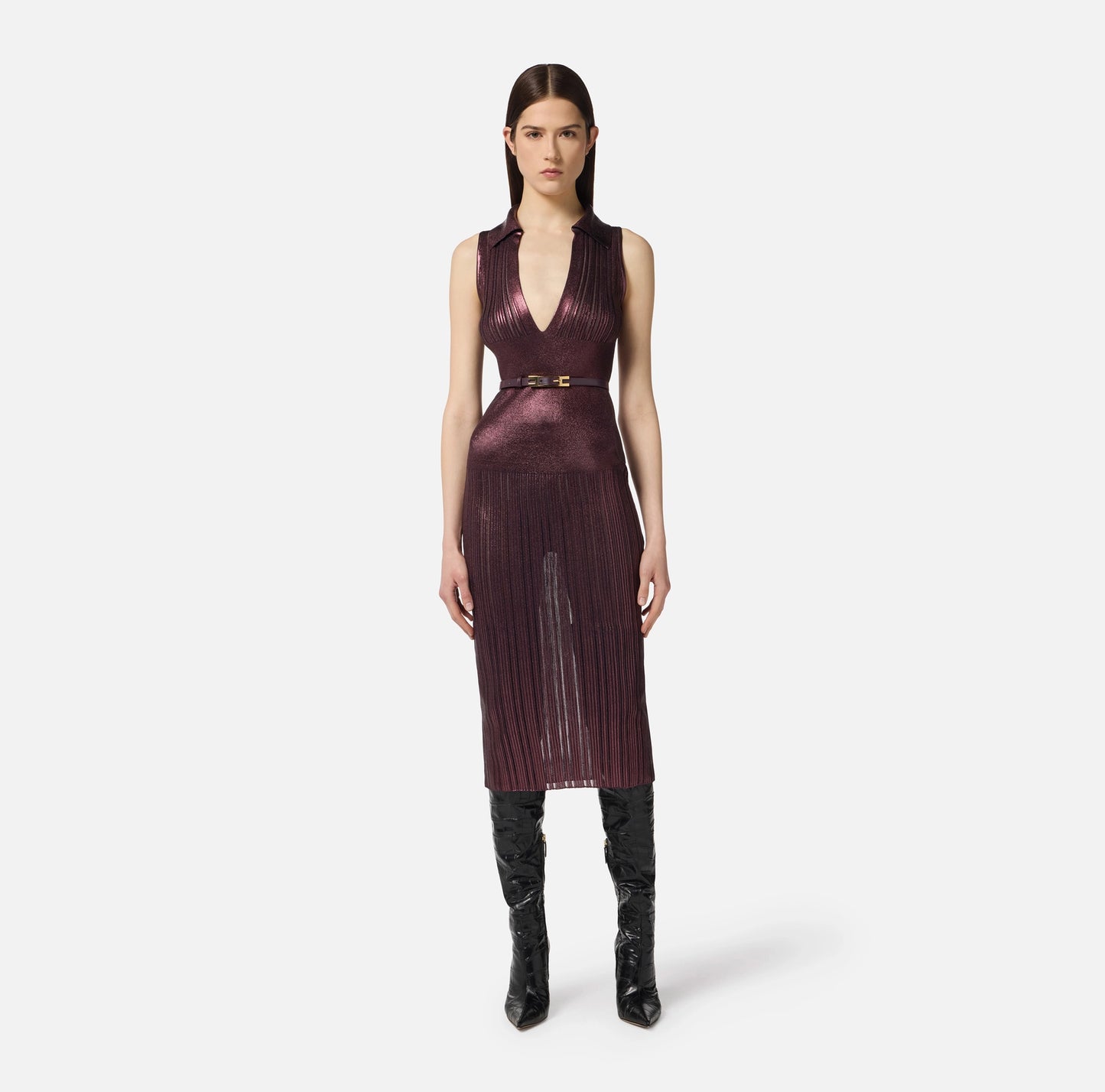 ELISABETTA FRANCHI - Abito in maglia laminata con cintura